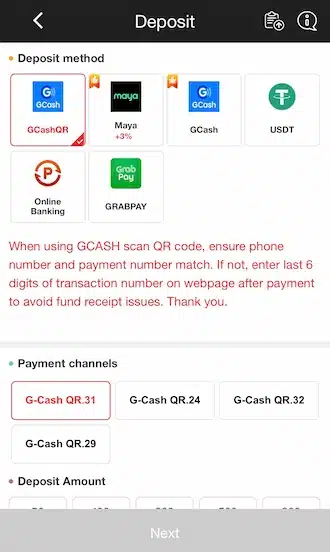 Step 1: Select the deposit option and choose the GCash method.