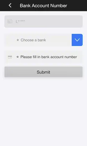 Step 2: Select a bank and fill in your bank account number.